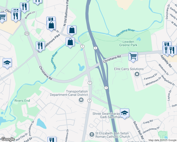 map of restaurants, bars, coffee shops, grocery stores, and more near DE-7 & DE-273 in Bear