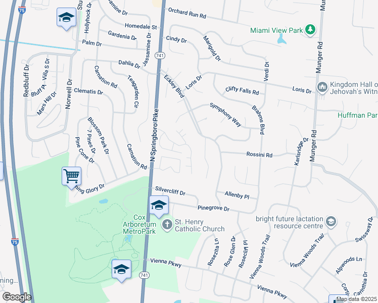 map of restaurants, bars, coffee shops, grocery stores, and more near 6551 Hidden Knolls Court in Dayton