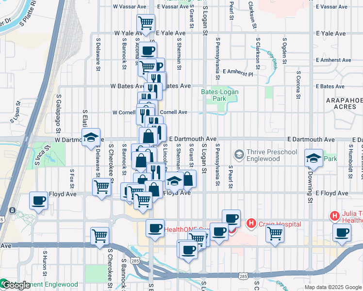 map of restaurants, bars, coffee shops, grocery stores, and more near 3118 South Sherman Street in Englewood