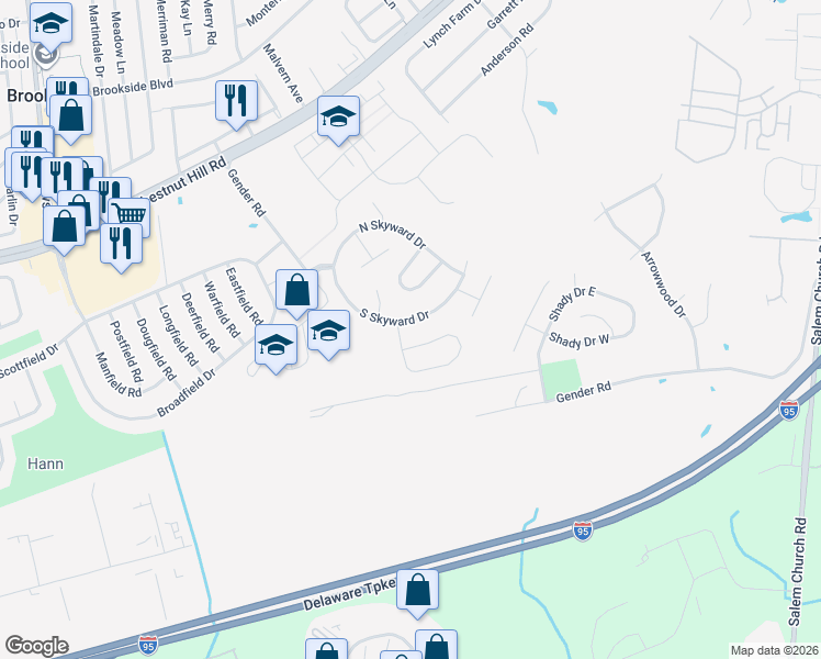 map of restaurants, bars, coffee shops, grocery stores, and more near 88 South Skyward Drive in Newark