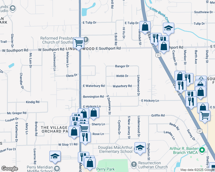 map of restaurants, bars, coffee shops, grocery stores, and more near 217 Waterbury Road in Indianapolis