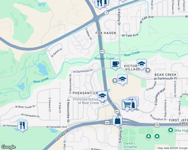 map of restaurants, bars, coffee shops, grocery stores, and more near 10260 West Dartmouth Avenue in Lakewood