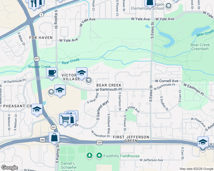 map of restaurants, bars, coffee shops, grocery stores, and more near 3087 South Garland Court in Lakewood