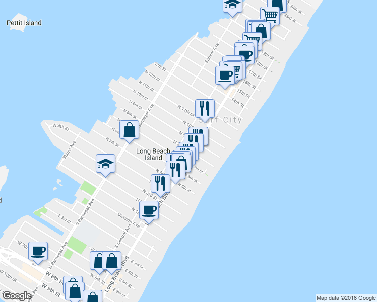 map of restaurants, bars, coffee shops, grocery stores, and more near 124 North 8th Street in Beach Haven