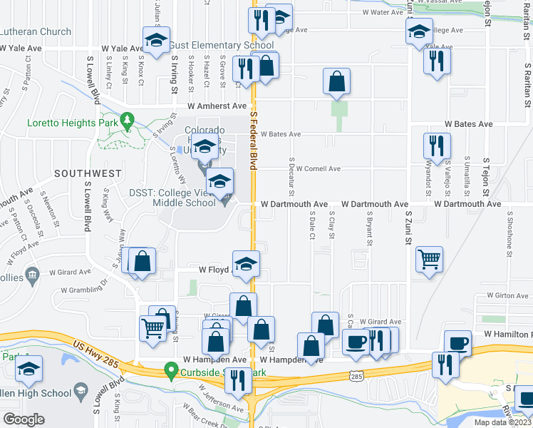 map of restaurants, bars, coffee shops, grocery stores, and more near 2890 West Dartmouth Avenue in Denver