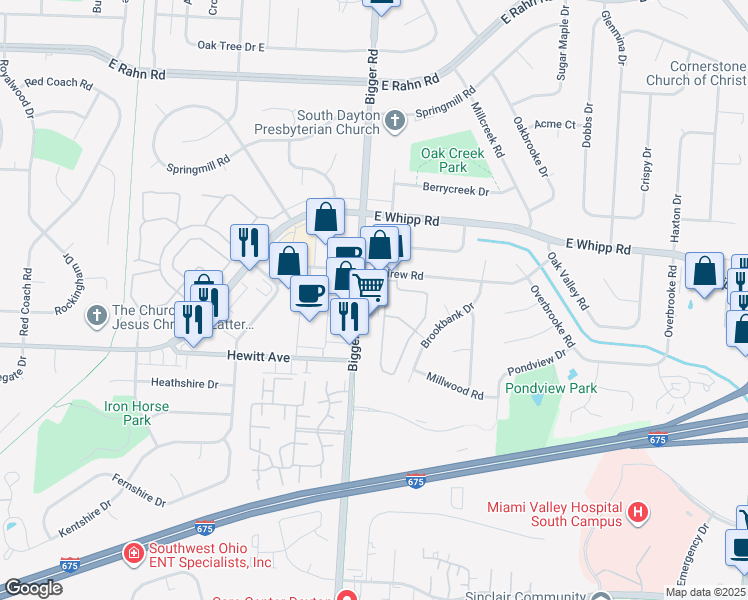 map of restaurants, bars, coffee shops, grocery stores, and more near 5800 Bigger Road in Kettering
