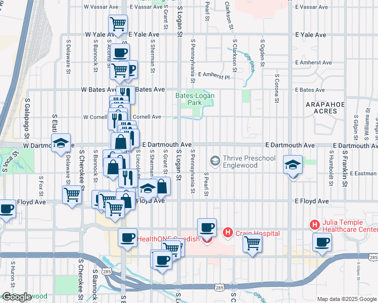 map of restaurants, bars, coffee shops, grocery stores, and more near 3115 South Pennsylvania Street in Englewood