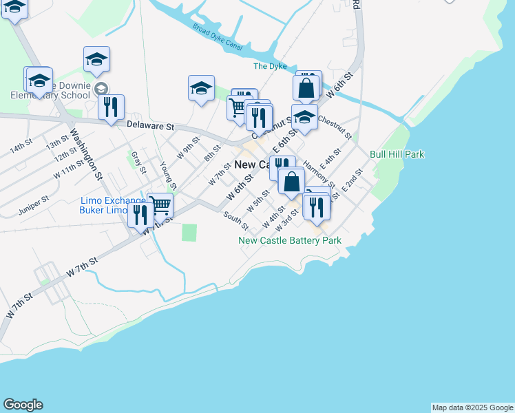 map of restaurants, bars, coffee shops, grocery stores, and more near 51 West 5th Street in New Castle