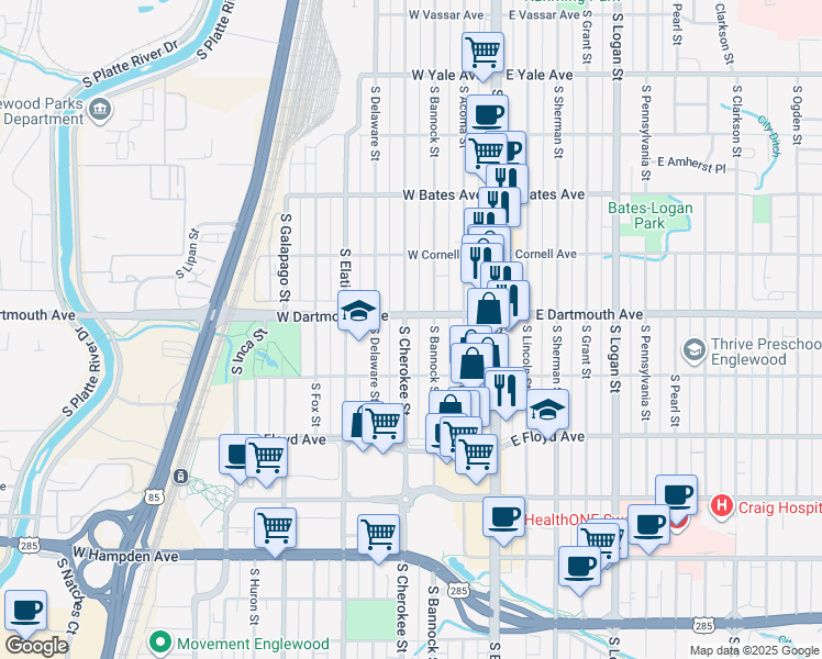 map of restaurants, bars, coffee shops, grocery stores, and more near 3118 South Cherokee Street in Englewood