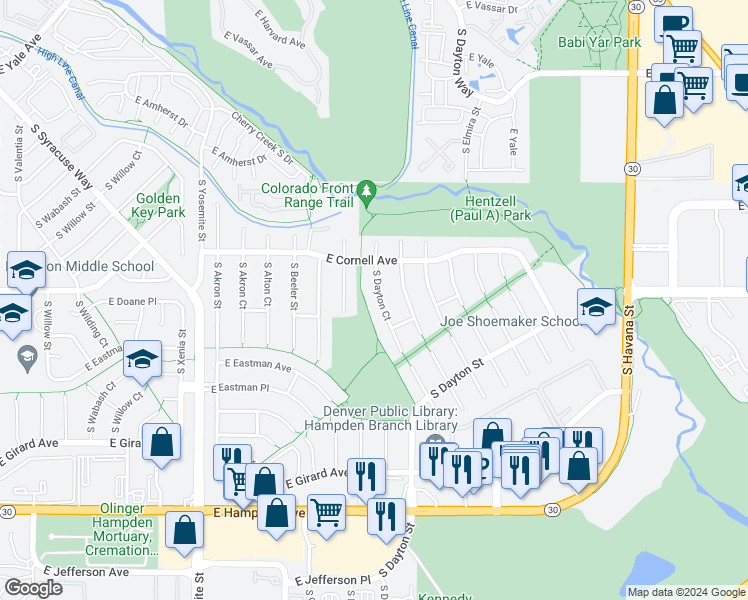 map of restaurants, bars, coffee shops, grocery stores, and more near 3119 South Dayton Court in Denver