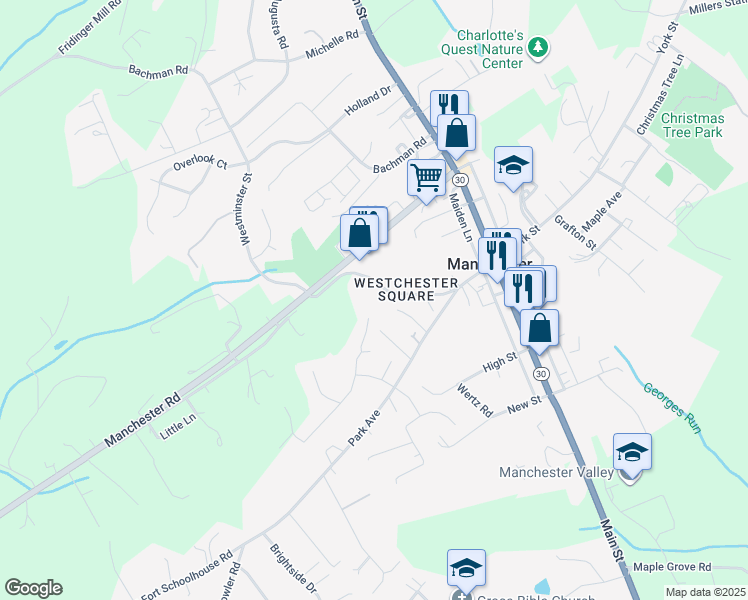 map of restaurants, bars, coffee shops, grocery stores, and more near 3025 Westminster Street in Manchester