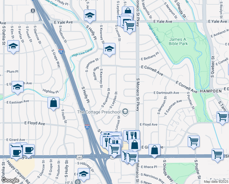 map of restaurants, bars, coffee shops, grocery stores, and more near 3131 South Leyden Street in Denver