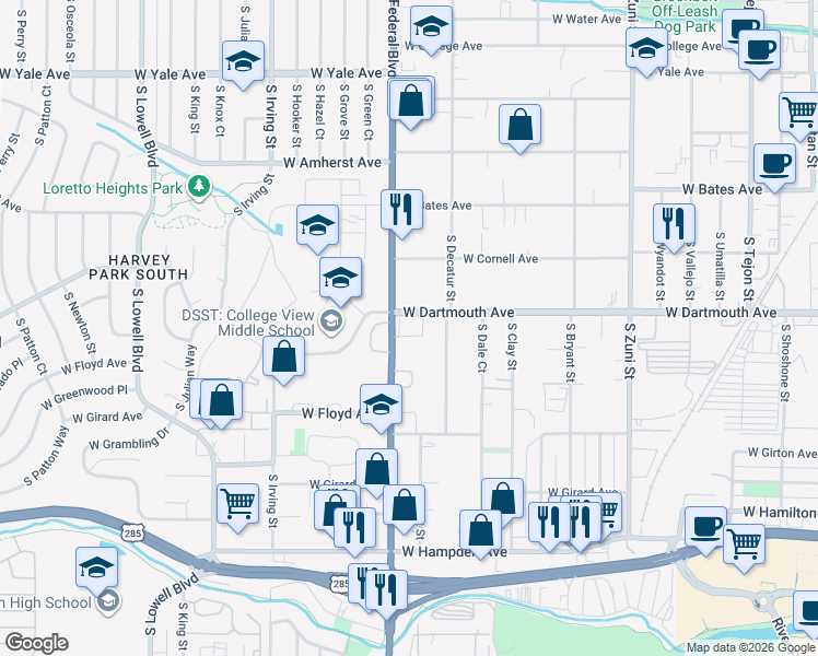 map of restaurants, bars, coffee shops, grocery stores, and more near 2890 West Dartmouth Avenue in Denver