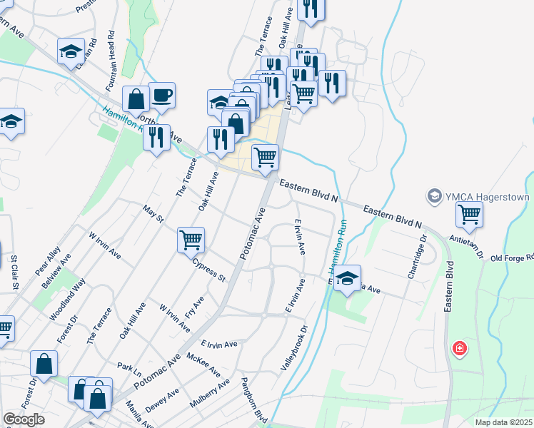 map of restaurants, bars, coffee shops, grocery stores, and more near 1422 Potomac Avenue in Hagerstown