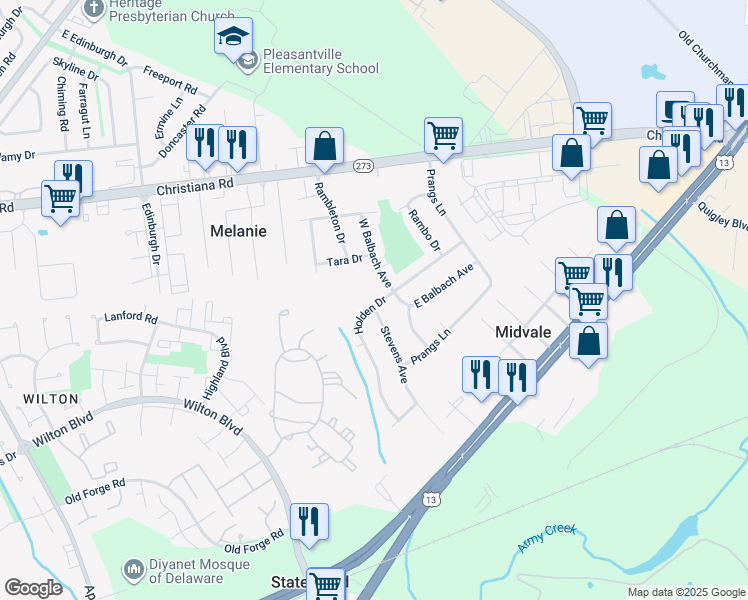 map of restaurants, bars, coffee shops, grocery stores, and more near 50 Holden Drive in New Castle