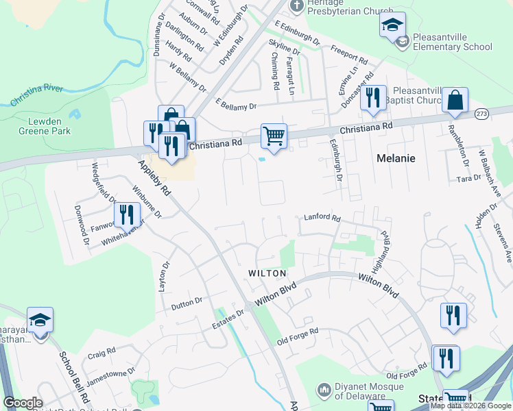 map of restaurants, bars, coffee shops, grocery stores, and more near 56 Freedom Trail in New Castle