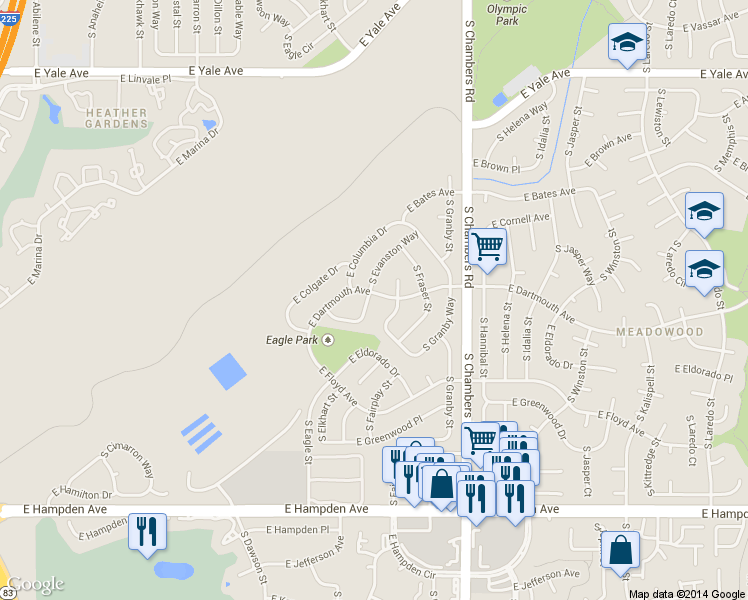map of restaurants, bars, coffee shops, grocery stores, and more near 3102 South Evanston Way in Aurora