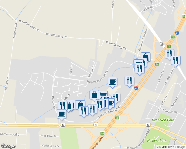 map of restaurants, bars, coffee shops, grocery stores, and more near 12531 Atlanta Court in Hagerstown