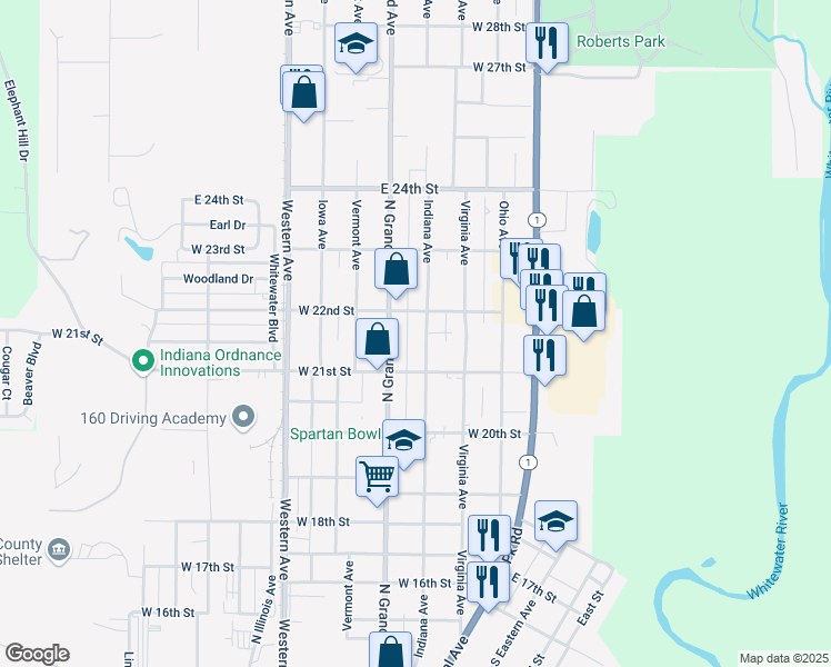 map of restaurants, bars, coffee shops, grocery stores, and more near 2139 Indiana Avenue in Connersville