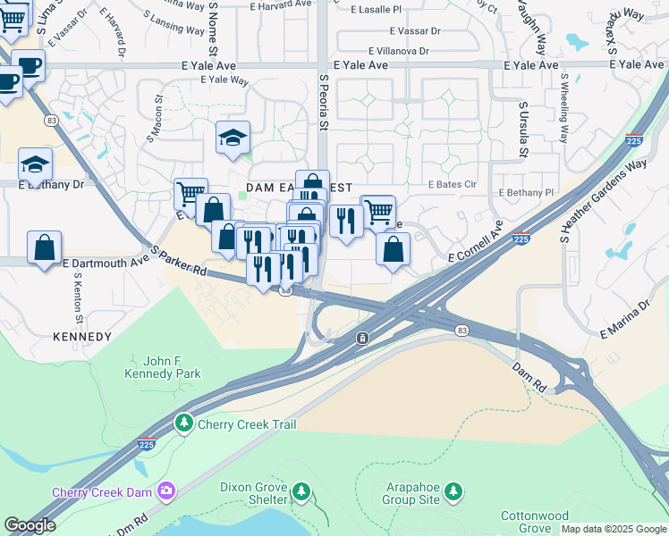 map of restaurants, bars, coffee shops, grocery stores, and more near 3120 S Peoria St in Aurora