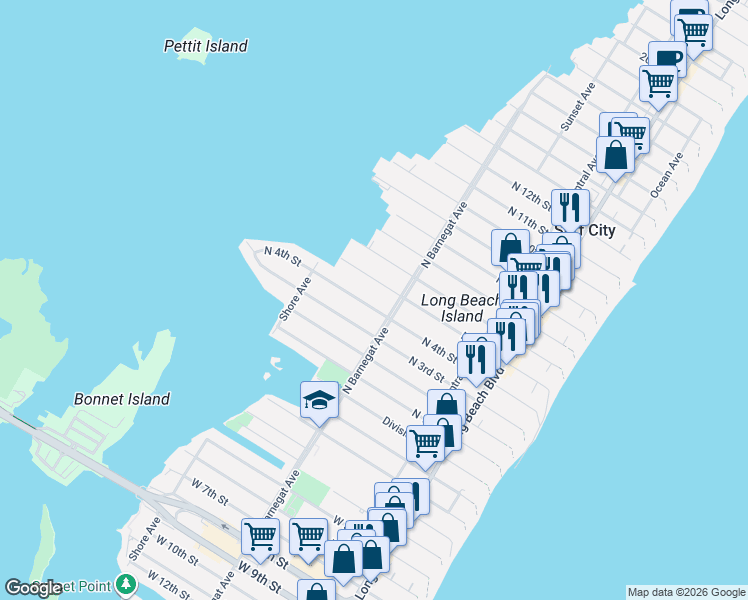 map of restaurants, bars, coffee shops, grocery stores, and more near 323 North 4th Street in Surf City