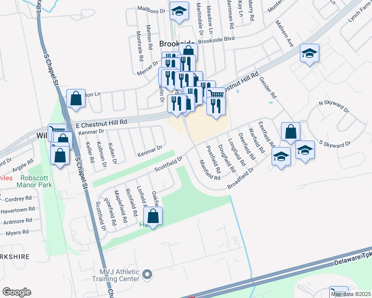 map of restaurants, bars, coffee shops, grocery stores, and more near 107 Scottfield Drive in Newark