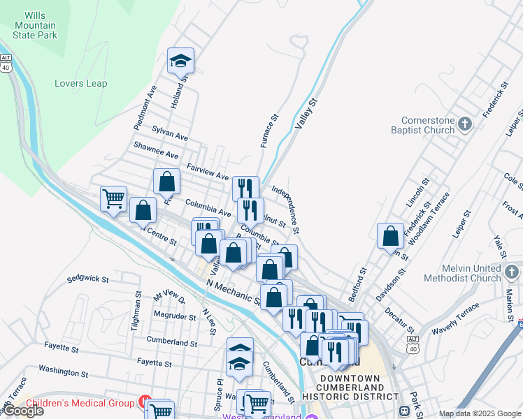 map of restaurants, bars, coffee shops, grocery stores, and more near 455 Walnut Street in Cumberland