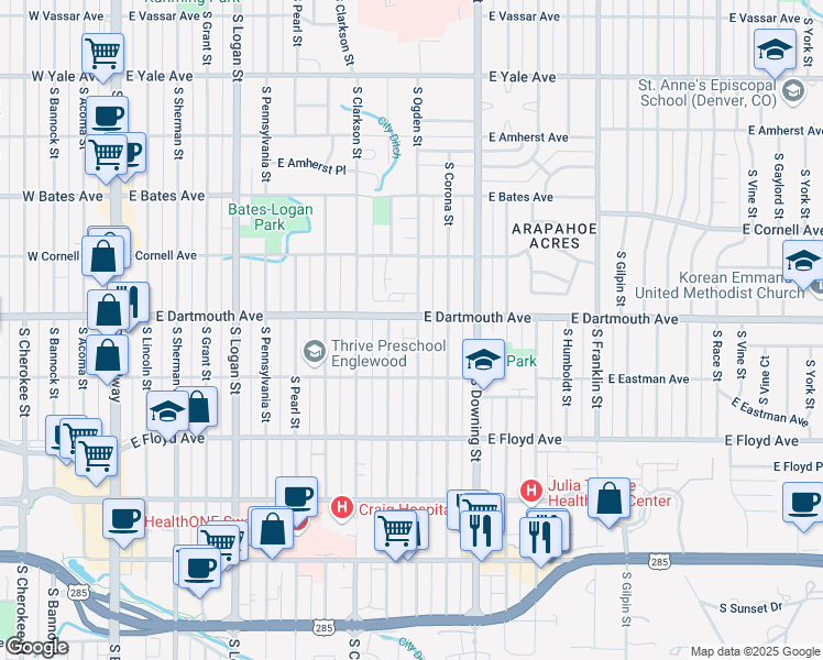 map of restaurants, bars, coffee shops, grocery stores, and more near 3111 South Ogden Street in Englewood