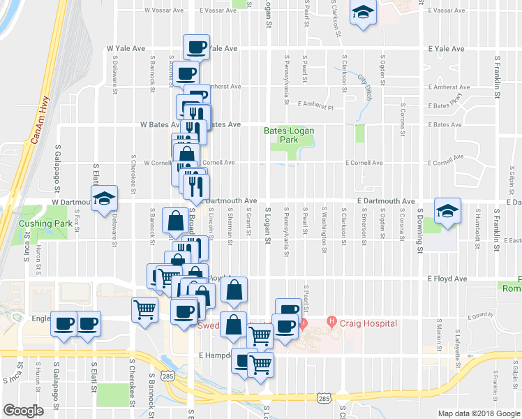 map of restaurants, bars, coffee shops, grocery stores, and more near 3121 South Logan Street in Englewood