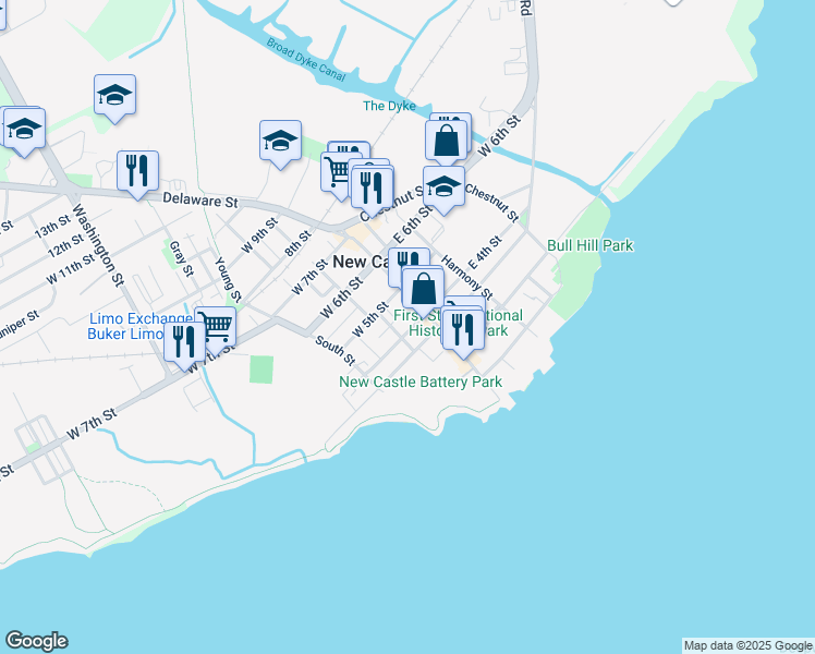 map of restaurants, bars, coffee shops, grocery stores, and more near 22 West 4th Street in New Castle