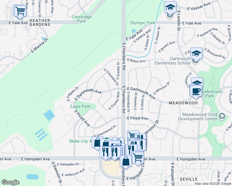 map of restaurants, bars, coffee shops, grocery stores, and more near 3117 South Granby Way in Aurora