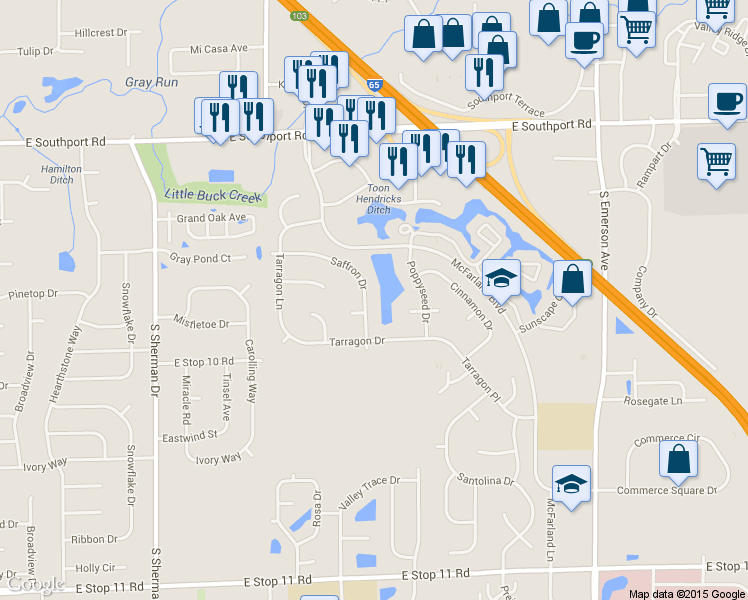 map of restaurants, bars, coffee shops, grocery stores, and more near 7355 Saffron Drive in Indianapolis