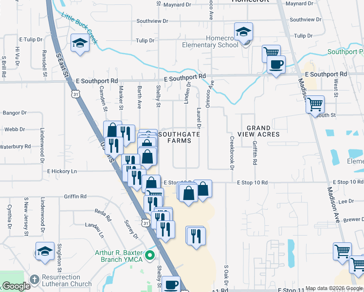map of restaurants, bars, coffee shops, grocery stores, and more near 7240 Linden Drive in Indianapolis