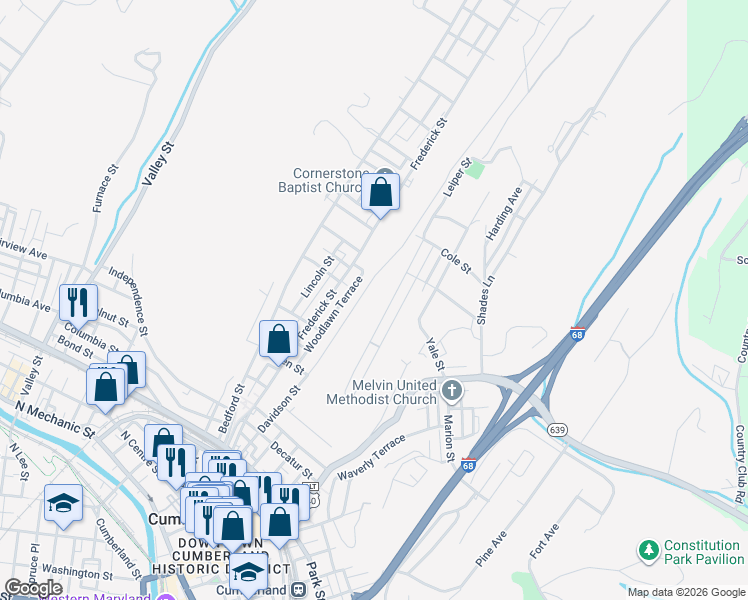 map of restaurants, bars, coffee shops, grocery stores, and more near 459 Baltimore Ave in Cumberland