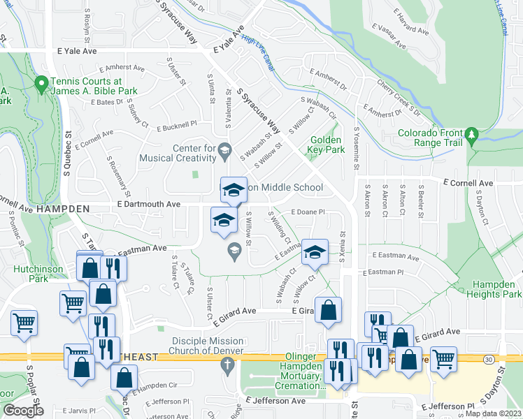 map of restaurants, bars, coffee shops, grocery stores, and more near 8634 East Dartmouth Avenue in Denver