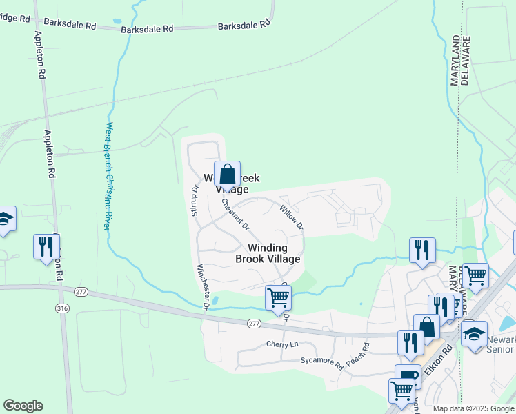 map of restaurants, bars, coffee shops, grocery stores, and more near 353 Willow Drive in Elkton