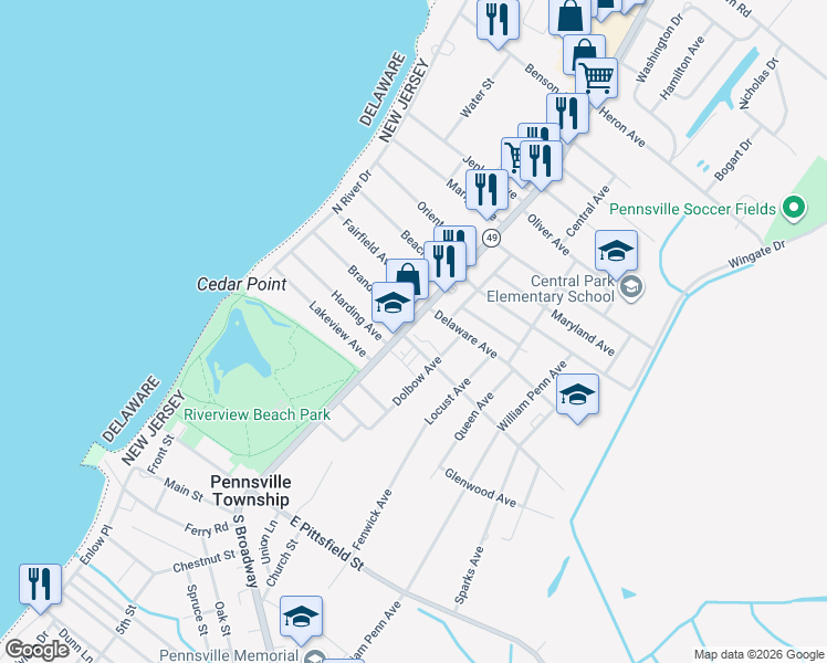 map of restaurants, bars, coffee shops, grocery stores, and more near 98 North Broadway in Pennsville