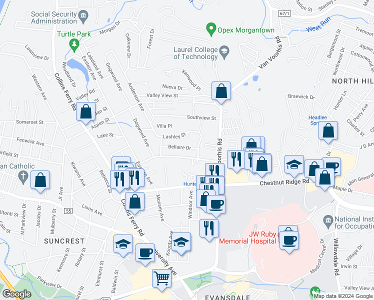 map of restaurants, bars, coffee shops, grocery stores, and more near 674 Bellaire Drive in Morgantown