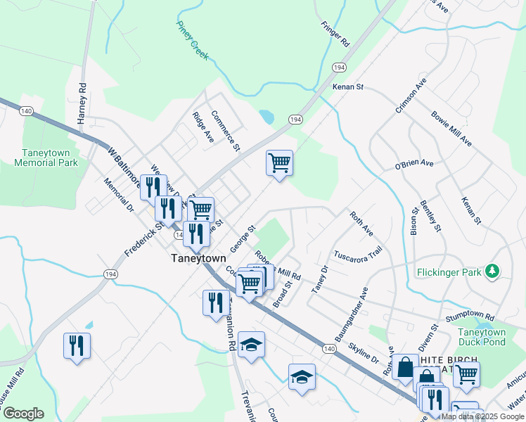 map of restaurants, bars, coffee shops, grocery stores, and more near 71 George Street in Taneytown