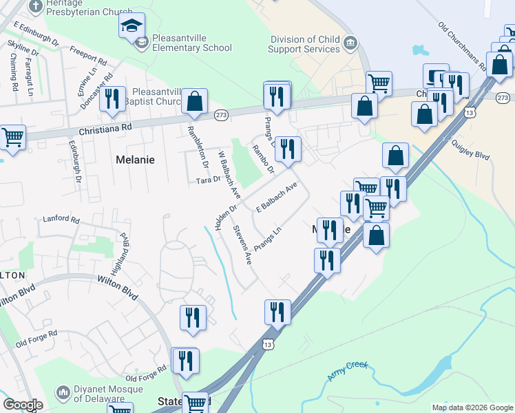 map of restaurants, bars, coffee shops, grocery stores, and more near 8 East Balbach Avenue in New Castle