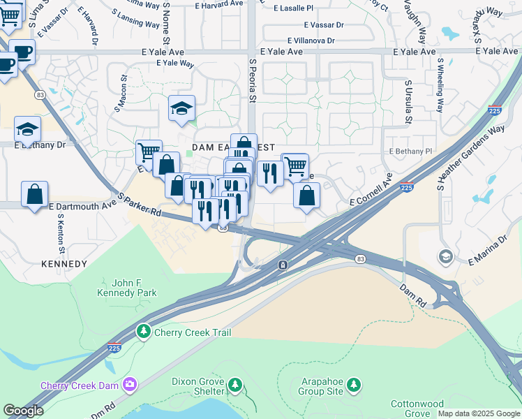map of restaurants, bars, coffee shops, grocery stores, and more near 3120 S Peoria St in Aurora