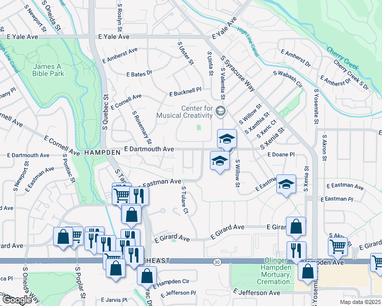 map of restaurants, bars, coffee shops, grocery stores, and more near 8080 East Dartmouth Avenue in Denver