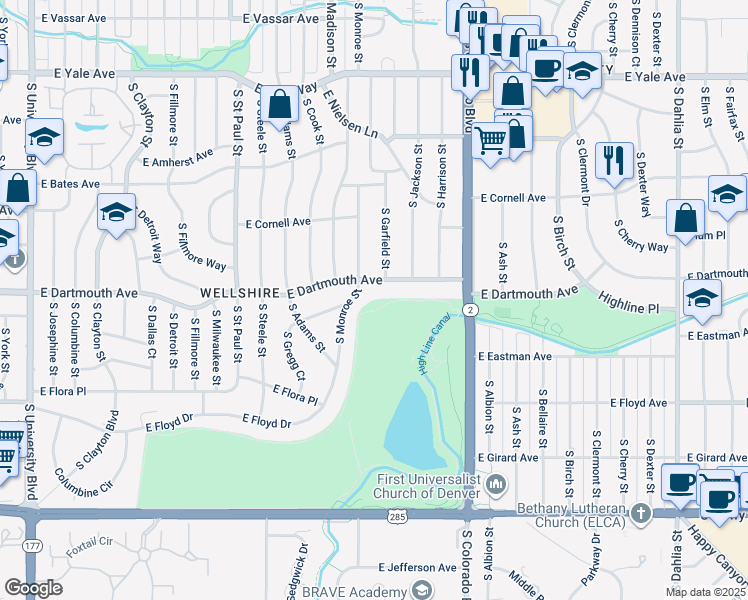 map of restaurants, bars, coffee shops, grocery stores, and more near 3660 East Dartmouth Avenue in Denver