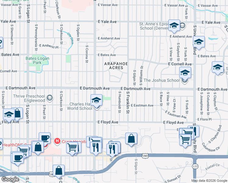 map of restaurants, bars, coffee shops, grocery stores, and more near 3125 South Lafayette Street in Englewood