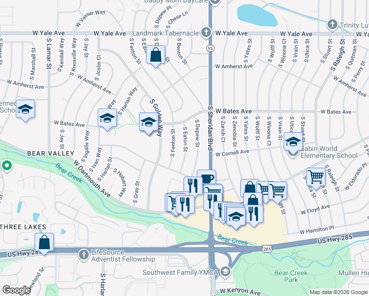 map of restaurants, bars, coffee shops, grocery stores, and more near 2985 South Eaton Street in Denver