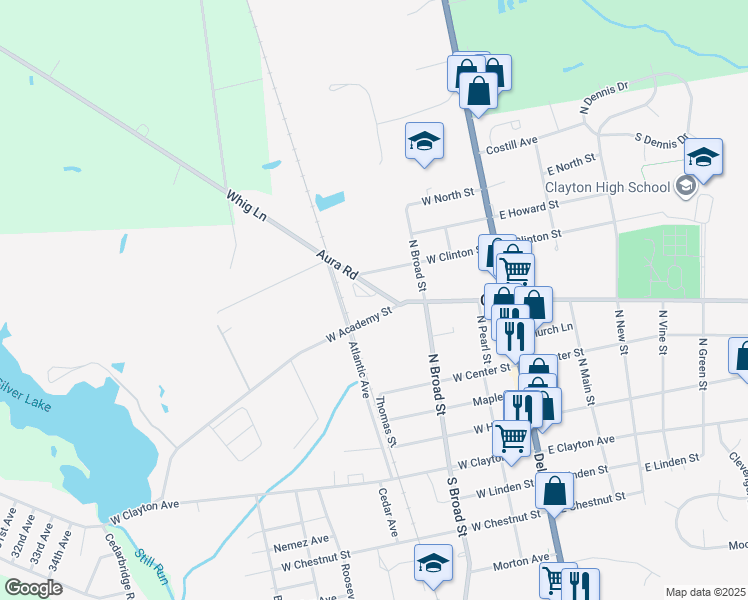 map of restaurants, bars, coffee shops, grocery stores, and more near 266 County Road 608 in Clayton