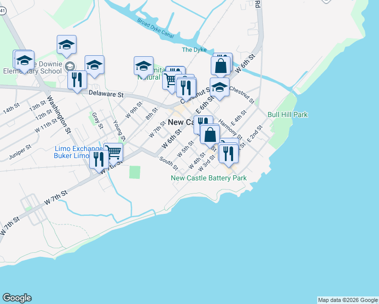 map of restaurants, bars, coffee shops, grocery stores, and more near 51 West 5th Street in New Castle
