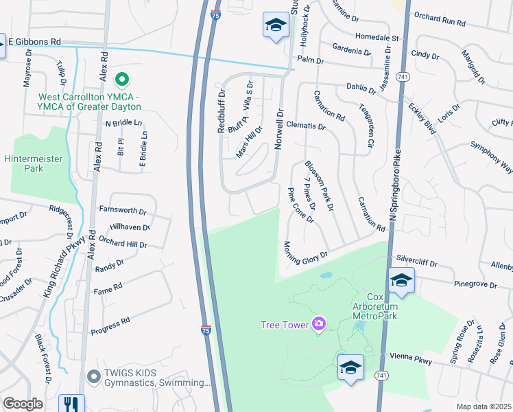 map of restaurants, bars, coffee shops, grocery stores, and more near 1316 Camphill Way in West Carrollton