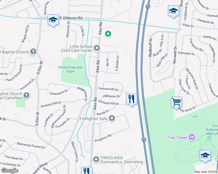 map of restaurants, bars, coffee shops, grocery stores, and more near 343 Farnsworth Drive in Dayton