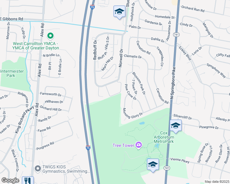 map of restaurants, bars, coffee shops, grocery stores, and more near 1324 Camphill Way in West Carrollton